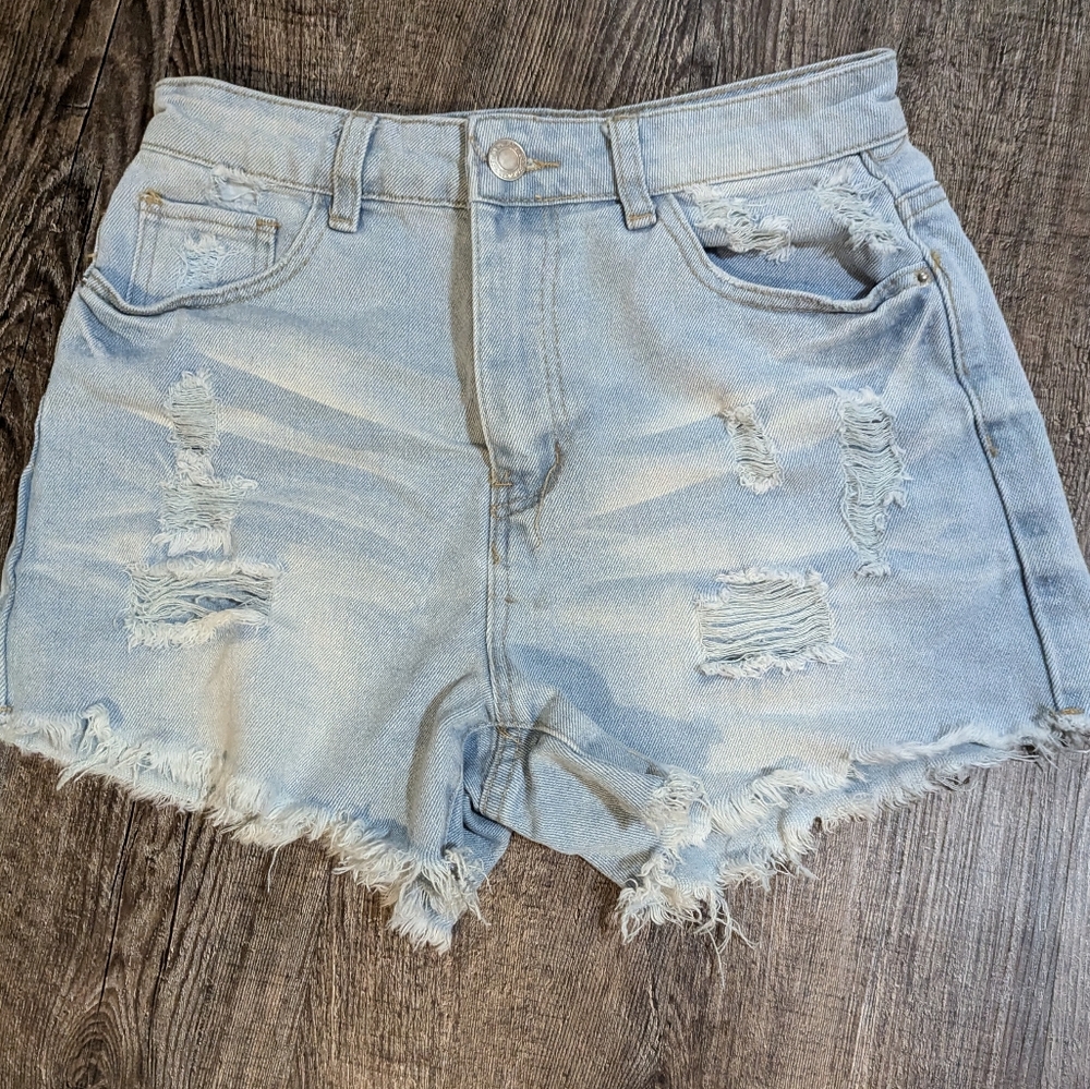 Distressed Light Blue Denim Shorts